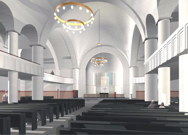 Tartu Pauluse kiriku taastamise võidutöö «Eli el», arhitektid Merja Nieminen, Kari Järvinen ja Markku Nors.  Sellisena hakkab kirikusaal välja nägema tulevikus.