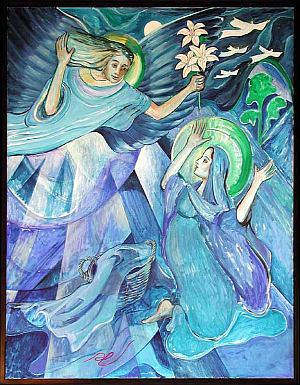 Maarjakuulutus – Püha Gabrieli kirikus Londonis. Sinine värv ja liilia on neitsi Maarja sümbolid kunstis. Repro