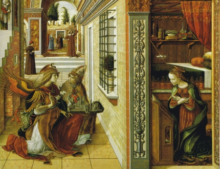 Carlo Crivelli. Maarja kuulutamine püha Emidiusega. Fragment 15. sajandi altarimaalilt Ascoli Piceno kirikus Itaalias. Ingel Gabrieli kõrval põlvitab linna kaitsepühak Püha Emidius. Repro