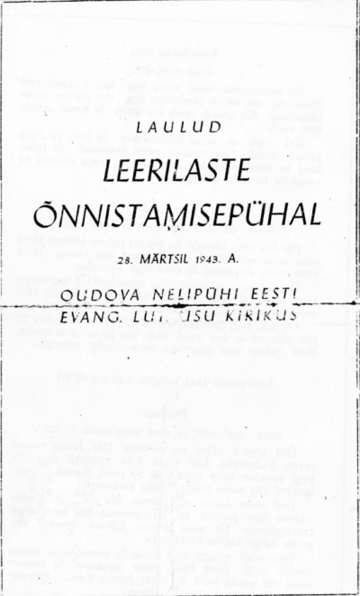 Õnnistamispüha laululeht, mille pöördel olid kirjas ka leerilaste nimed. Õnnistamispüha laululeht, mille pöördel olid kirjas ka leerilaste nimed.