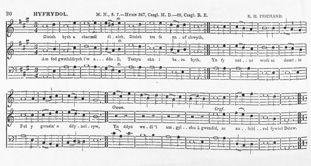viisi «Hyfrydol» esmatrükk kogumikus «Cyfaill i'r cantorion» (1844).